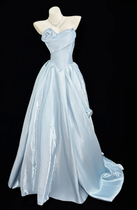 Glam Pale Blue Prom Dress Sweetheart A-Line Satin Evening Dress ED09402