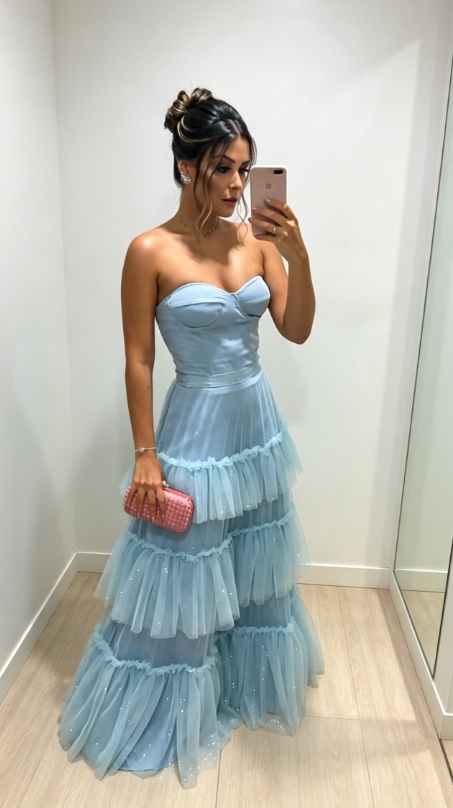 Glam Blue Prom Dress Strapless A-Line Tulle Evening Dress ED09403