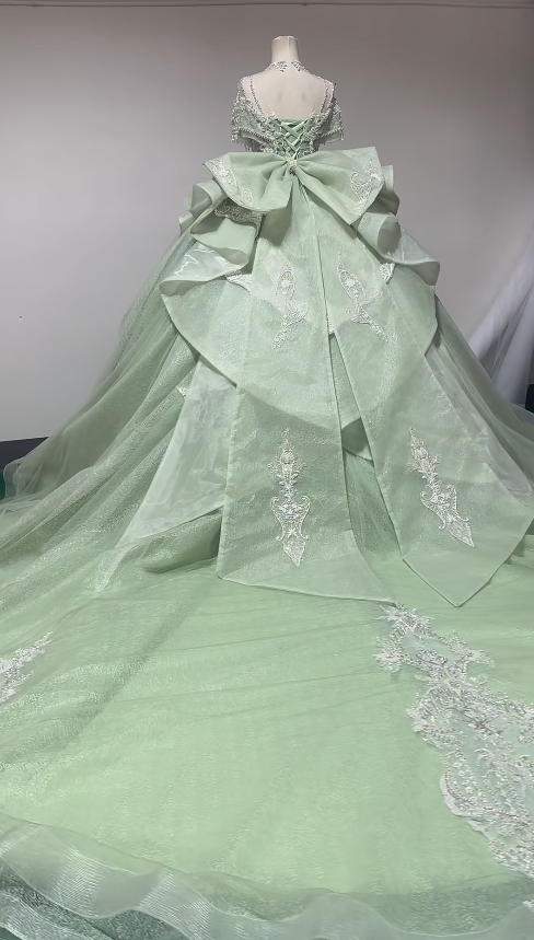 Fairy Green Ball Gown Quinceanera Dress Off-shoulder Tulle Sweet 16 Dress ED09405