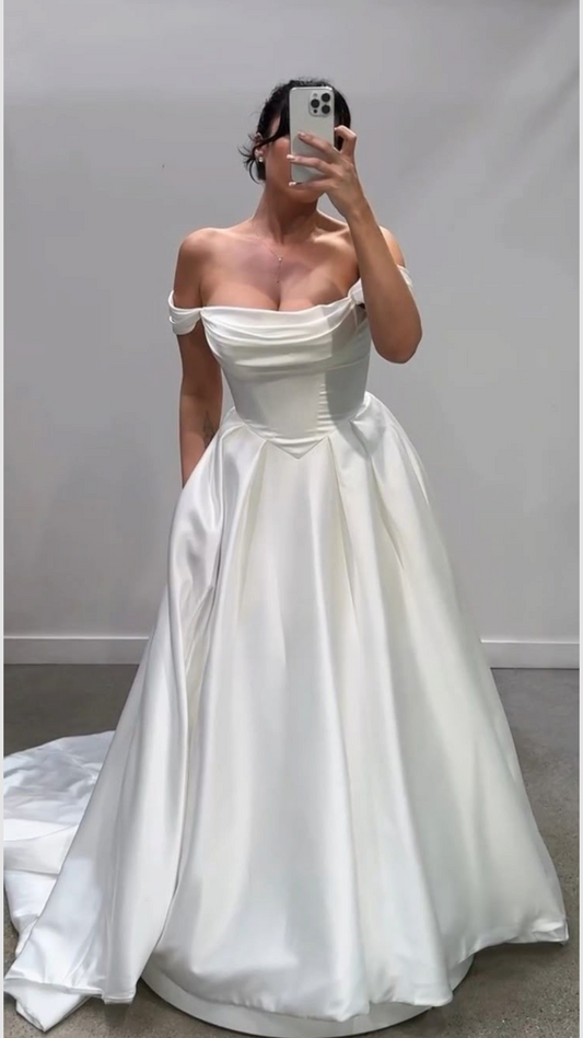 Simple White A-Line Wedding Dress Satin Bridal Gown Sleeveless Off-shoulder Bridal Dress ED09407