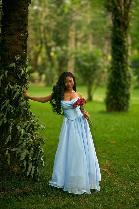 Simple Blue Prom Dress Strapless A-Line Satin Long Evening Dress ED09414