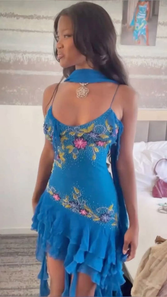 Simple Blue Prom Dress Straps A-Line Beaded Chiffon Evening Dress ED09415