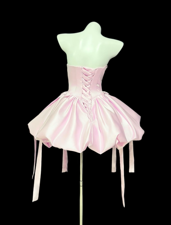 Cute Baby Pink Hoco Dress Strapless A-Line Birthday Dress Satin Dress for Party ED09417