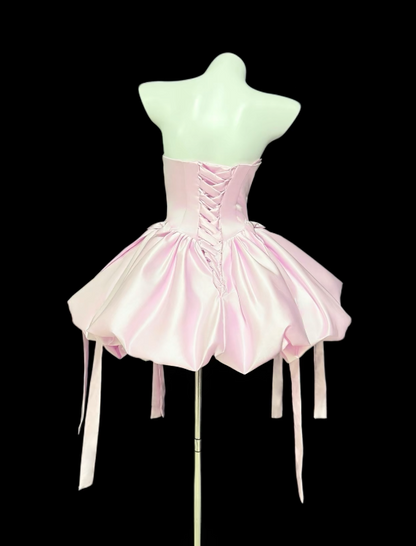 Cute Baby Pink Hoco Dress Strapless A-Line Birthday Dress Satin Dress for Party ED09417