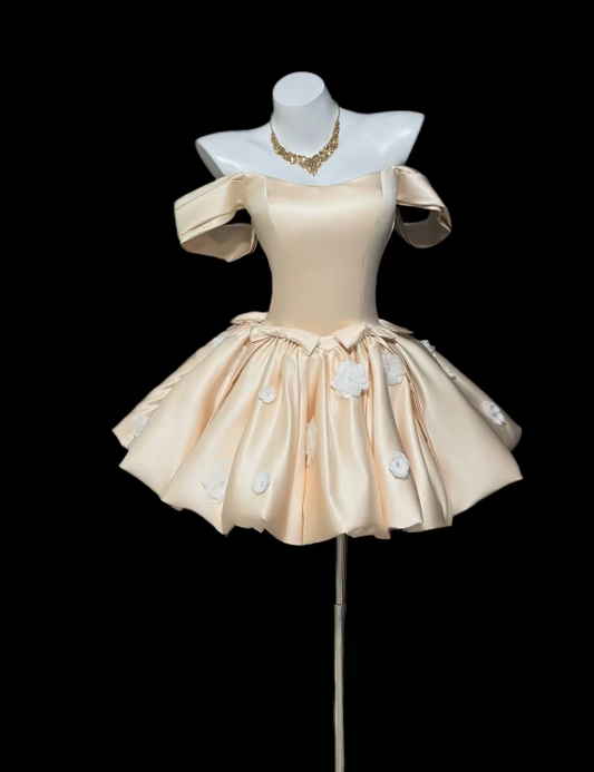 Cute Champagne Hoco Dress Off-shoulder A-Line Birthday Dress Satin Dress for Party ED09419