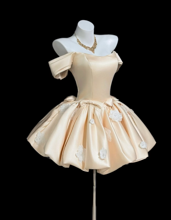 Cute Champagne Hoco Dress Off-shoulder A-Line Birthday Dress Satin Dre – EvaFashionDress