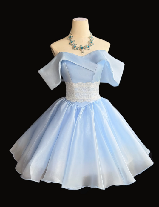 Niedliches hellblaues Hoco-Kleid, schulterfrei, A-Linie, Chiffon-Kleid für Party ED09421