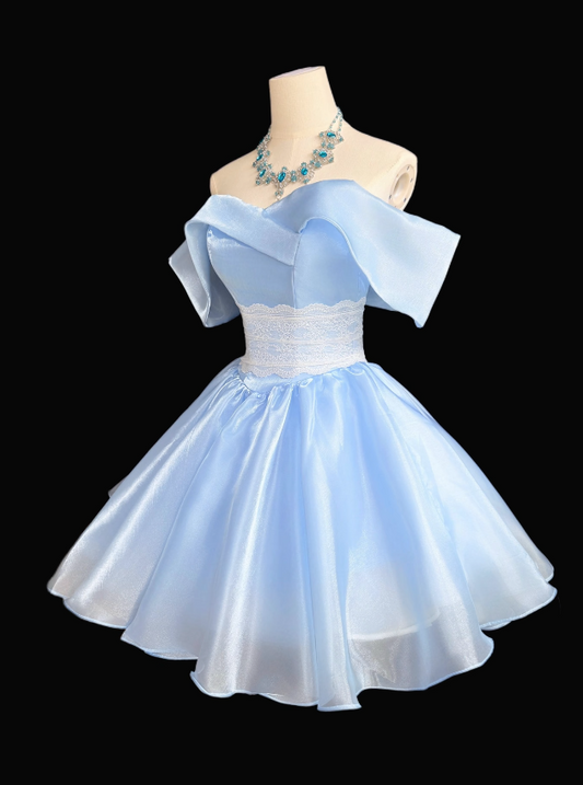 Niedliches hellblaues Hoco-Kleid, schulterfrei, A-Linie, Chiffon-Kleid für Party ED09421