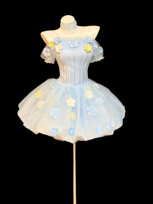 Niedliches hellblaues Hoco-Kleid, schulterfrei, A-Linie, Geburtstagskleid, Applikations-Tüllkleid für Partys ED09422