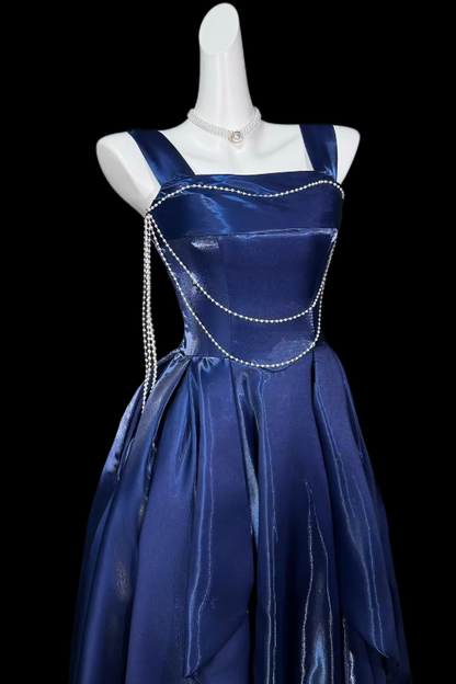 Pretty Navy Blue Birthday Dress Straps A-Line Prom Dress Satin Evening Dress ED09427