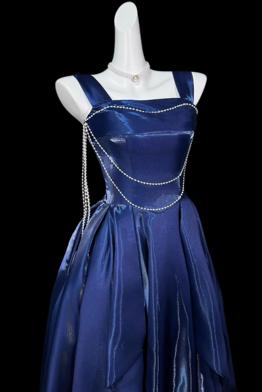 Pretty Navy Blue Birthday Dress Straps A-Line Prom Dress Satin Evening Dress ED09427