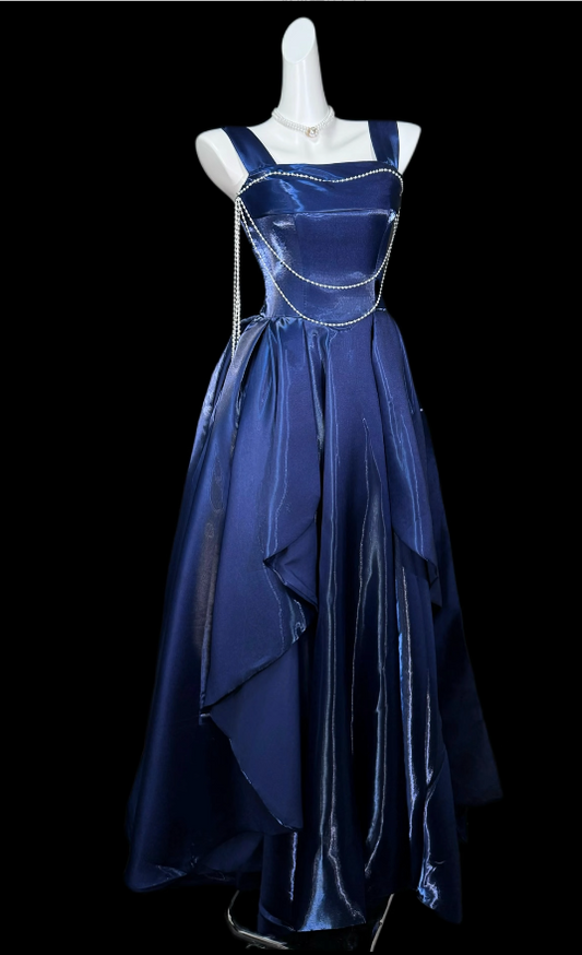 Pretty Navy Blue Birthday Dress Straps A-Line Prom Dress Satin Evening Dress ED09427