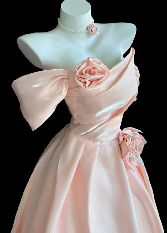 Pretty Blush Pink Birthday Dress Off-shoulder A-Line Prom Dress Satin Evening Dress ED09430