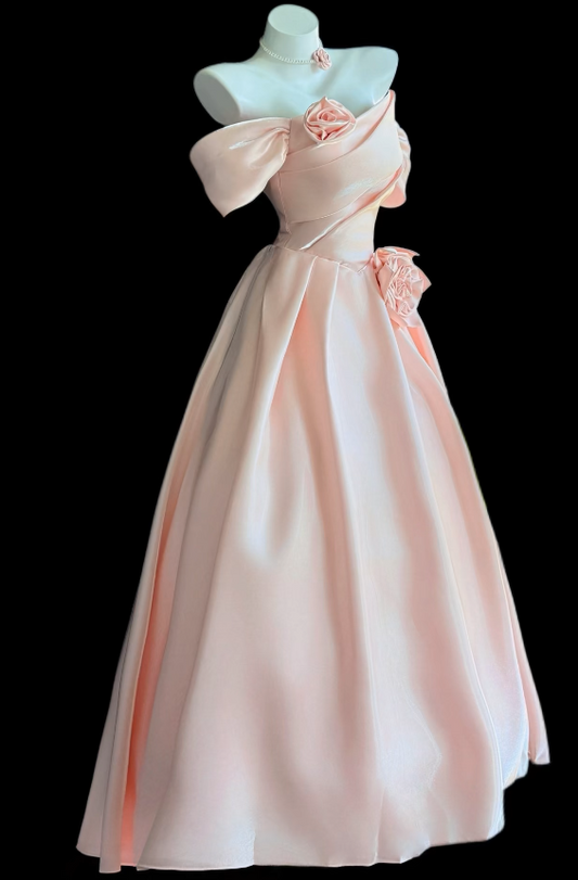 Pretty Blush Pink Birthday Dress Off-shoulder A-Line Prom Dress Satin Evening Dress ED09430