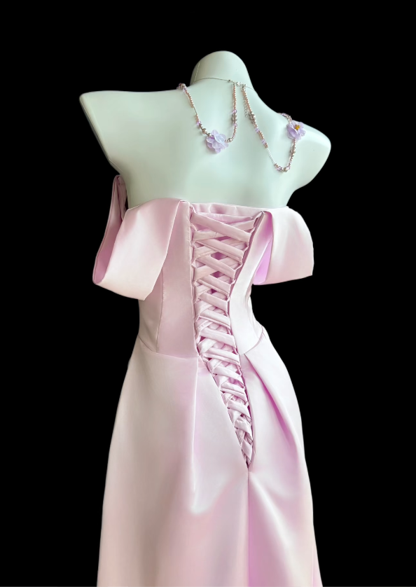 Pretty Light Pink  Birthday Dress Off-shoulder Sheath Prom Dress Satin Evening Dress ED09431