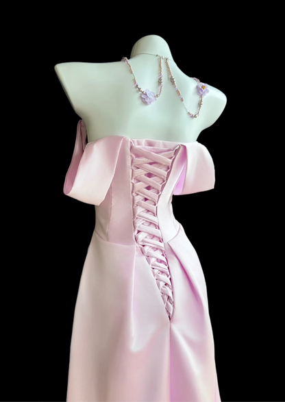 Pretty Light Pink  Birthday Dress Off-shoulder Sheath Prom Dress Satin Evening Dress ED09431