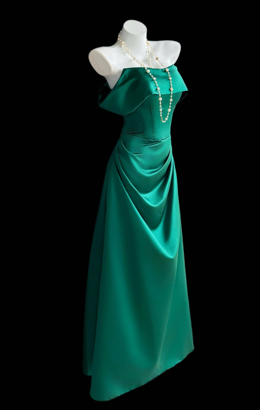 Pretty Dark Green Birthday Dress Off-shoulder Sheath Prom Dress Satin Evening Dress ED09432