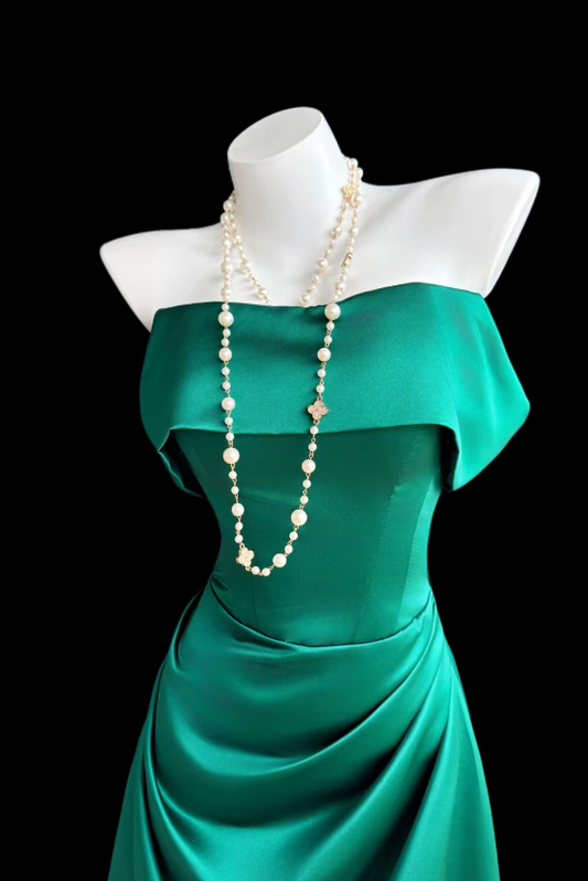 Pretty Dark Green Birthday Dress Off-shoulder Sheath Prom Dress Satin Evening Dress ED09432
