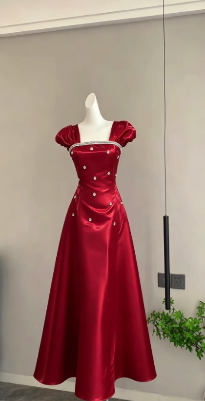 Chic A-Line Satin Long Evening Dress Burgundy Prom Dress ED09433