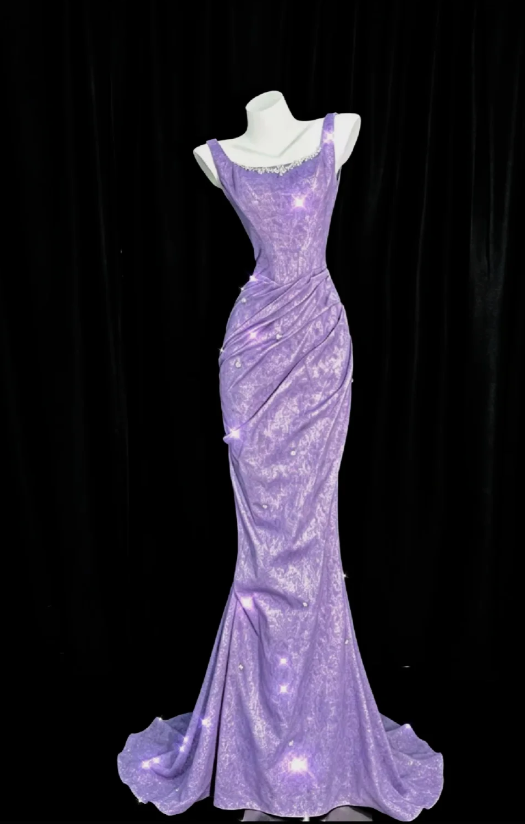 Elegantes Meerjungfrauen-Abendkleid aus Satin mit schmalen Trägern, Fliederfarbenes Ballkleid ED09434