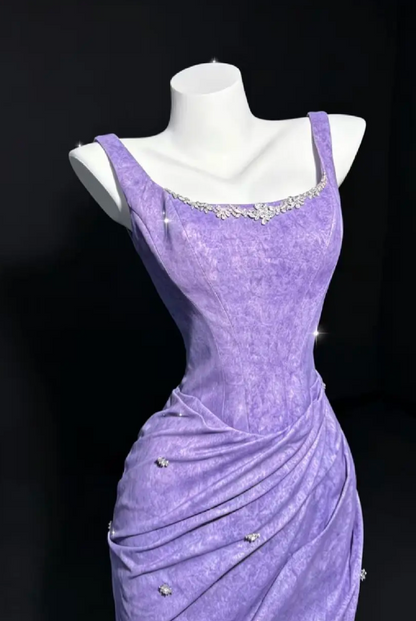 Chic Straps Mermaid Satin Long Evening Dress Lilac Prom Dress ED09434