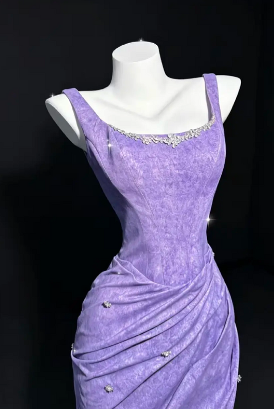 Elegantes Meerjungfrauen-Abendkleid aus Satin mit schmalen Trägern, Fliederfarbenes Ballkleid ED09434