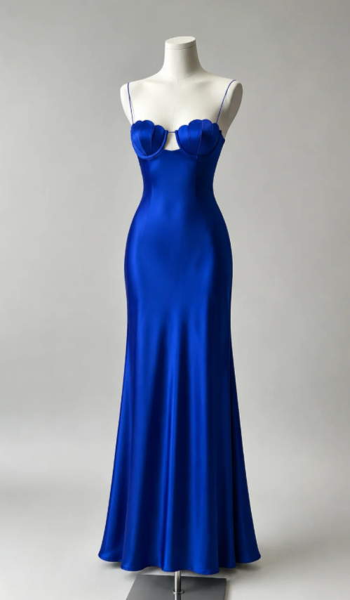 Elegantes Etuikleid aus Satin mit schmalen Trägern, langes Abendkleid, blaues Ballkleid ED09436