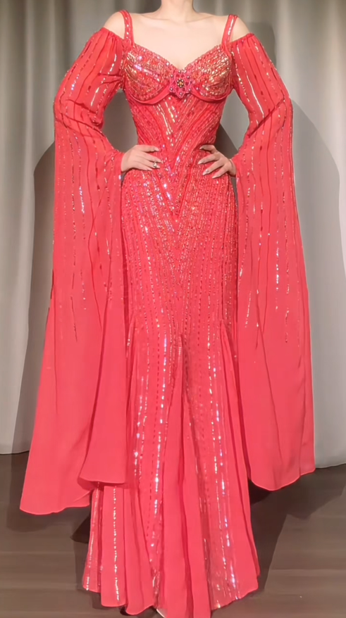 Schicke Träger Meerjungfrau Perlen Chiffon Langes Abendkleid Rotes Ballkleid ED09437