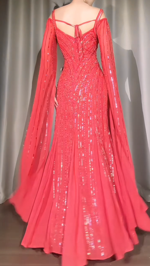 Chic Straps Mermaid Beaded Chiffon Long Evening Dress Red Prom Dress ED09437