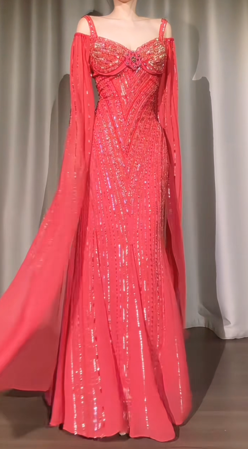 Chic Straps Mermaid Beaded Chiffon Long Evening Dress Red Prom Dress ED09437