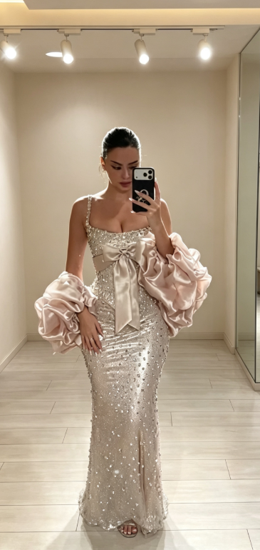 Elegant Straps Sheath Beaded Tulle Long Evening Dress Champagne Prom Dress ED09439