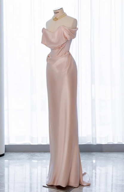 Pink off-shoulder  satin formal maxi dress, pink evening gown dress ED0943