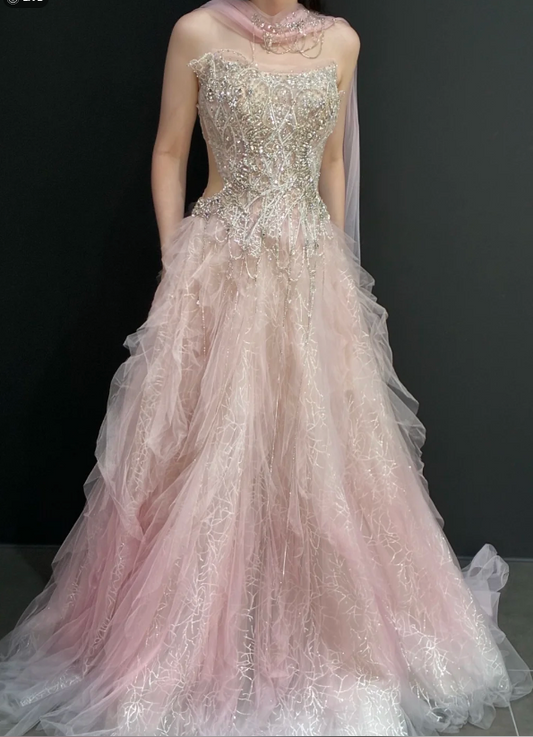 Elegant Strapless A-Line Tulle Beaded Long Evening Dress Pink Prom Dress ED09441