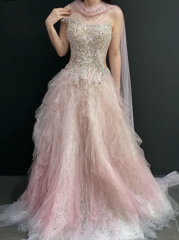 Elegant Strapless A-Line Tulle Beaded Long Evening Dress Pink Prom Dress ED09441