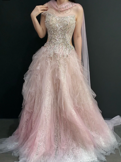 Elegant Strapless A-Line Tulle Beaded Long Evening Dress Pink Prom Dress ED09441