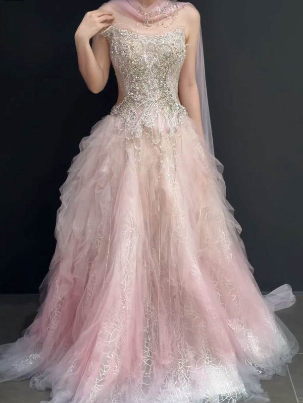 Elegant Strapless A-Line Tulle Beaded Long Evening Dress Pink Prom Dress ED09441