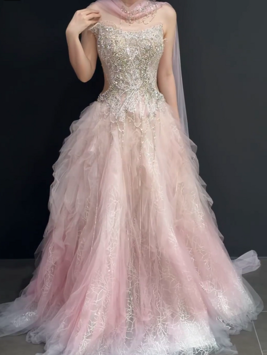 Elegant Strapless A-Line Tulle Beaded Long Evening Dress Pink Prom Dress ED09441