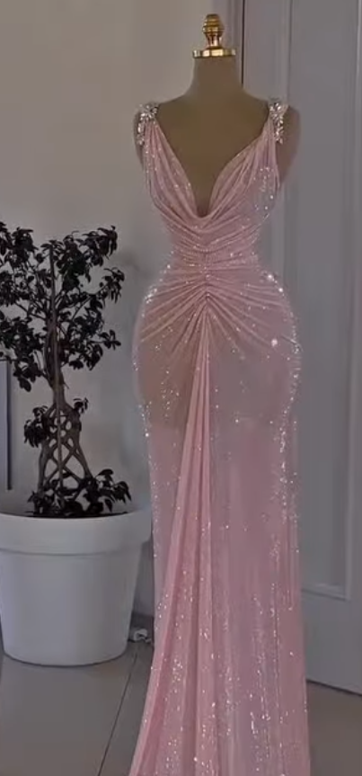 Elegant Straps Sheath Beaded Tulle  Long Evening Dress Pink Prom Dress ED09443