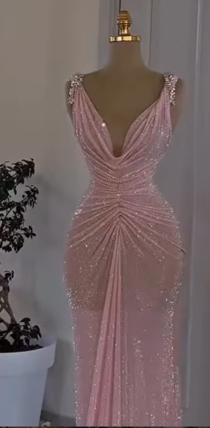 Elegant Straps Sheath Beaded Tulle  Long Evening Dress Pink Prom Dress ED09443