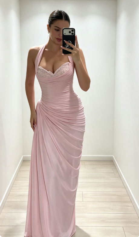 Elegantes Neckholder-Etui-Chiffon-langes Abendkleid Rosa Ballkleid ED09445