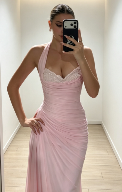 Elegant Halter Sheath Chiffon Long Evening Dress Pink Prom Dress ED09445