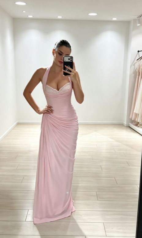 Elegant Halter Sheath Chiffon Long Evening Dress Pink Prom Dress ED09445