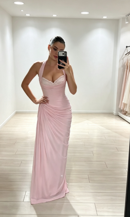 Elegant Halter Sheath Chiffon Long Evening Dress Pink Prom Dress ED09445