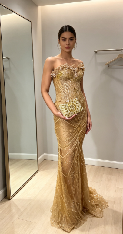Elegant Sweetheart Sheath Tulle Beaded Long Evening Dress Gold Prom Dress ED09448