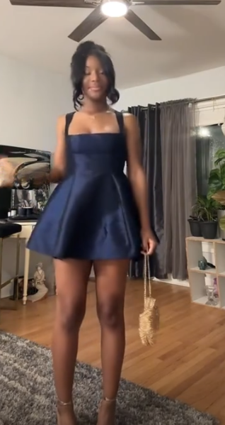 Fashion Navy Blue Birthday Dress Straps A-Line Hoco Dress Satin Graduation Party Dress ED09454