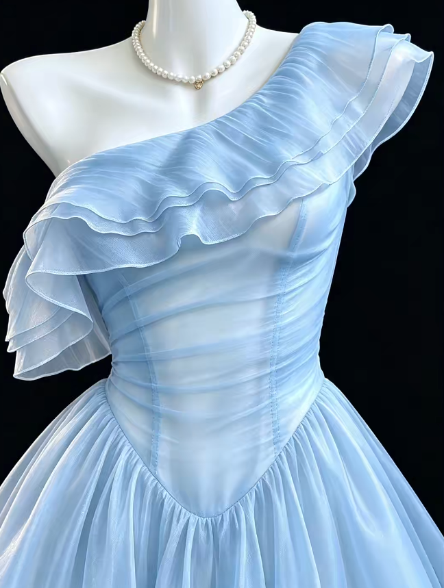 Fashion Blue Birthday Dress One-shoulder A-line  Hoco Dress Chiffon Graduation Party Dress ED09457