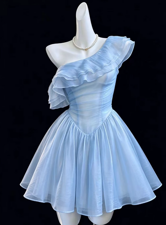 Fashion Blue Birthday Dress One-shoulder A-line  Hoco Dress Chiffon Graduation Party Dress ED09457
