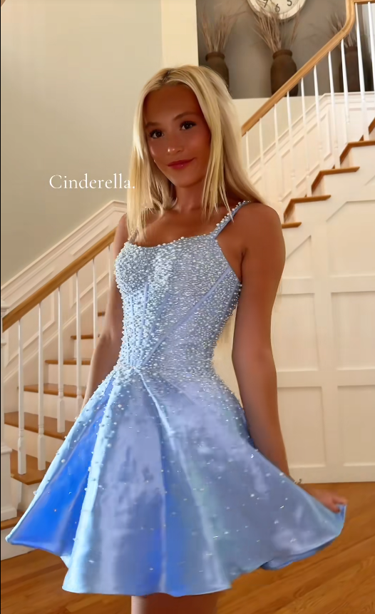 Fashion Blue Hoco Dress Straps A-Line Birthday Dress Satin Beaded Graduation Party Dress ED09464