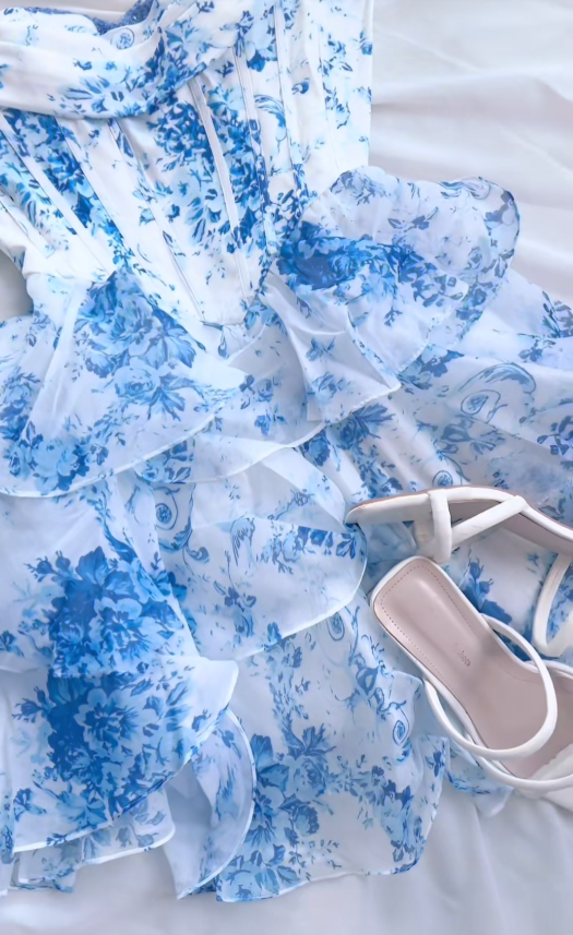 Fashion Blue Hoco Dress Strapless A-Line Birthday Dress Chiffon Floral Graduation Party Dress ED09465