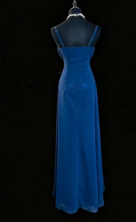 Elegant Navy Blue Prom Dress Straps Sheath Chiffon Long Evening Dress ED09473